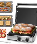 Bakers Friend 4 Slice Panini Press Grill Cheese Sandwich Maker Electric Indoor with Temp Control Opens 180 Degrees showing grilled sandwiches and silicone mold.