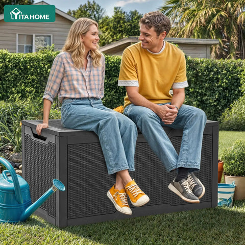 People sitting on 100-Gallon Large Resin Deck Box Waterproof Outdoor Storage For Patio Furniture Cushions Garden Tools And Pool Supplies Lockable Black All-In-One Backyard Organizer in garden