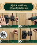 4 step installation guide for Black Wrought Iron Gate Ring Turn Latch Lock Set 6.5 Inch Wide Reversible Barn Door Catch.