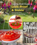 Bee Proof Hummingbird Feeder With Ant Moat And 14 Feeding Ports 13 Oz Saucer Style Outdoor Hanging Hummingbird Feeder, red, shown with locking hook and leak-proof design.