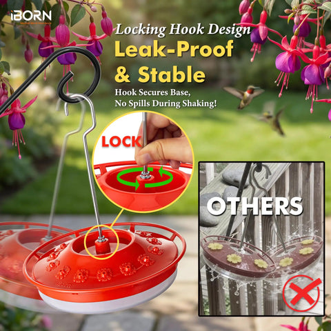 Bee Proof Hummingbird Feeder With Ant Moat And 14 Feeding Ports 13 Oz Saucer Style Outdoor Hanging Hummingbird Feeder, red, shown with locking hook and leak-proof design.