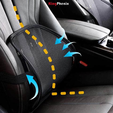 KingPhenix Two Pack Mesh Lumbar Support For Car And Office Chair on a vehicle seat, showing breathable mesh design and adjustable straps.