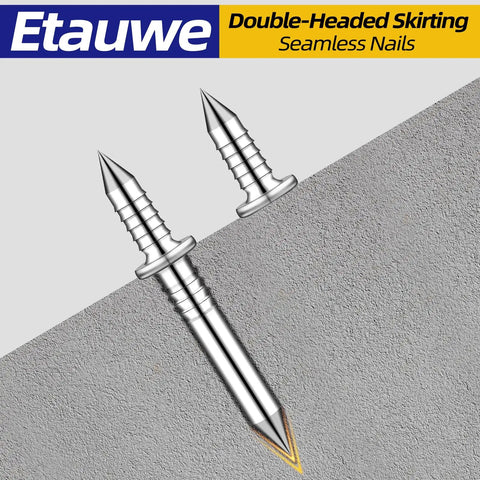 Pro Grade Double Head Skirting Nails That Go Down Smooth For Invisible Baseboard Fastening Rust Proof Galvanized Steel And A Slick Seamless Wood Trim Finish 300 Piece Kit showing two double-headed nails on a textured surface.