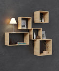 Decorative wooden shelves on a dark wall with lamps and decor, supported by Hidden Floating Shelf Brackets Set Of 8 For Thin Wood Shelves.