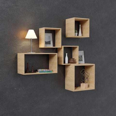 Decorative wooden shelves on a dark wall with lamps and decor, supported by Hidden Floating Shelf Brackets Set Of 8 For Thin Wood Shelves.