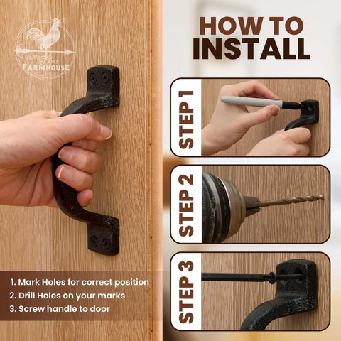 Installation guide for Heavy Duty Black Cast Iron Barn Door Handles 2 Pack For Shed And Garage Doors Includes Hardware And Pre Drilled Holes 6 1 4 Inches