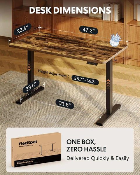 Rock Solid Sit Stand Desk 48 By 24 Inch One Piece Rustic Top Black Frame Electric Height Adjustable dimensions and height range.