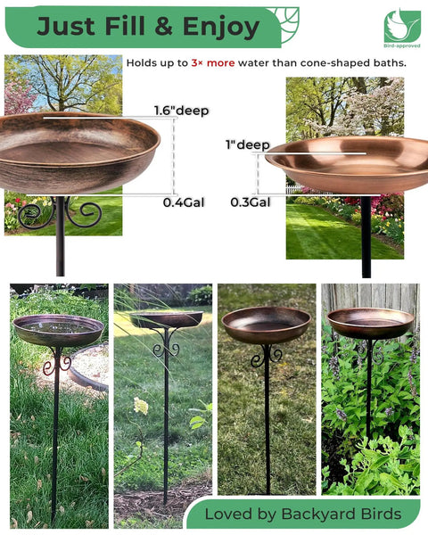 Durable Metal Bird Bath With Stake, 10 Inch Diameter Bowl, 0.4 Gallon Capacity, Outdoor Garden Yard Lawn Decor displayed in garden
