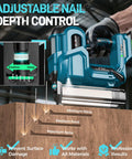 Heavy Duty Cordless Brad Nailer with adjustable depth control setting for precise fasteners in wood projects.
