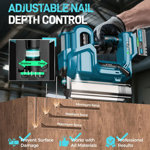 Heavy Duty Cordless Brad Nailer with adjustable depth control setting for precise fasteners in wood projects.