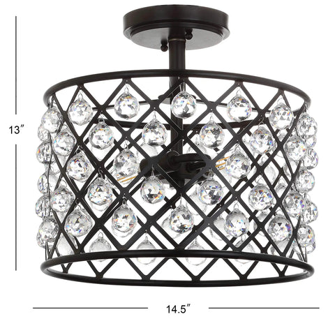 Oil Rubbed Bronze 2 Light Iron And Crystal Semi Flush Mount Ceiling Fixture For Bedroom Modern Glam With Clear Crystals UL Listed LED Bulbs Included Elevates Any Modern Bedroom Decor, side view showing crystal details