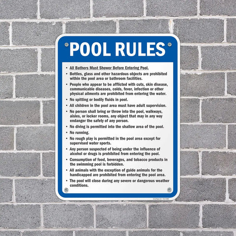 Pool Rules Sign 24 X 18 Inch Must Shower No Spitting No Diving No Running Aluminum Exterior Sign mounted on wall
