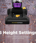 PowerSpeed bagless upright vacuum cleaner, purple, front view with yellow height-adjustment dial