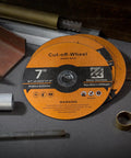 20 Pack 7 Inch Cut Off Wheels For Metal And Stainless Steel, Aggressive Cutting Discs, visible on tabletop with metal pipes