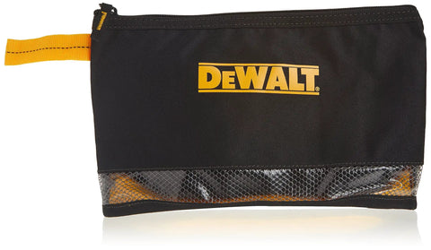 Black zip tool bag with DeWalt logo, part of Multi Purpose Zip Bags For Tools And Gear 2 Pack Built Tough For On The Job Storage Pouches