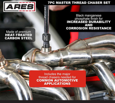 ARES 7-piece thread chaser set in heat-treated carbon steel with black manganese phosphate finish for automotive threads