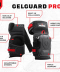 Heavy Duty Construction Knee Pads With Ankle Support And Anti Slip Cap For Men Foam Cushion And Extra Thick Gel Padding Reinforced Thigh And Shin Straps For All Day Comfort On The Job, showing non-slip silicone, gel padding, built-in pull loops, with adjustable straps and ankle support.