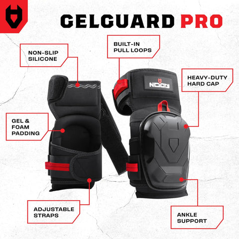 Heavy Duty Construction Knee Pads With Ankle Support And Anti Slip Cap For Men Foam Cushion And Extra Thick Gel Padding Reinforced Thigh And Shin Straps For All Day Comfort On The Job, showing non-slip silicone, gel padding, built-in pull loops, with adjustable straps and ankle support.