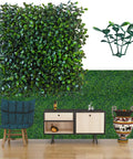 Setup showing Lush Boxwood Faux Grass Wall Panels Set, 24 Panels, 10x10 Inches Each, 16.8 Sq Ft Dope Coverage, positioned as decor.