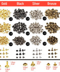 Assorted gold, black, silver, and bronze rivets from Leather Hole Punch Tool Kit With 240 Rivets Red Handled Rotary Belt Punch