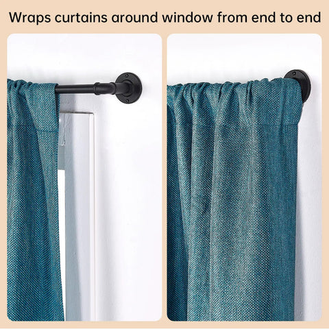 Two Pack Heavy Duty Curtain Rod Set For Windows 48 To 84 Inches Blackout Wrap Around Design Five Eighths Inch Diameter Indoor Outdoor Use Aluminum Ends With Steel Poles And Brackets Holds Drapes Up To 25 Lbs mounted with curtains
