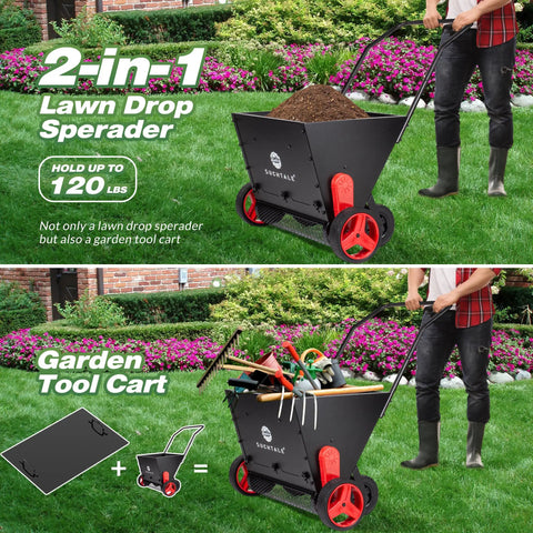 Upgrade Push Lawn Spreader for Compost and Peat Moss, No-Fuss Organic Fertilizer Spreader with tools in metal basket