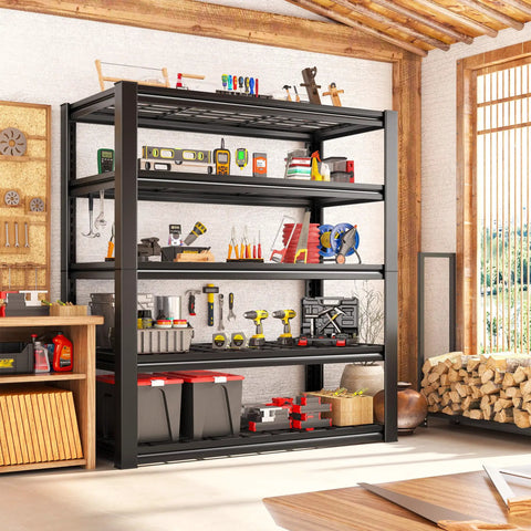 Heavy Duty 5 Tier Metal Garage Shelving Unit With 3200 Lbs Capacity Monster Storage Space Adjustable Industrial Storage Shelves For Garage Basement Pantry Warehouse 36W X 16D X 72H filled with tools and boxes