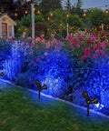 Blue Solar Spotlight Kit Outdoor Waterproof Garden Lights illuminating flowers at night in a garden setting with trees and lights