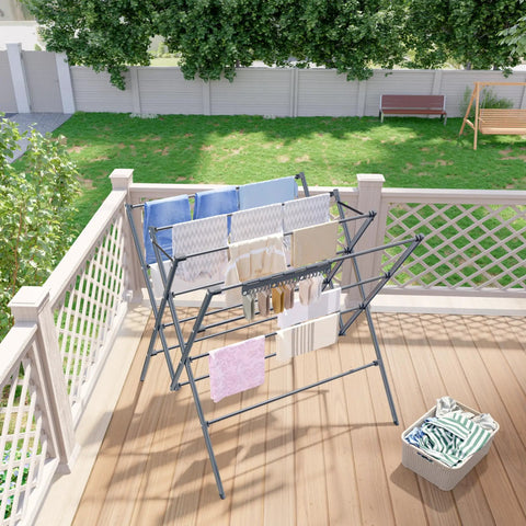 Heavy Duty Indoor Clothes Drying Rack With Twelve Solid Horizontal Rods And Tight Grip Sock Clips Efficiently air dries laundry outdoors on deck.