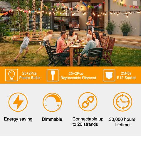 50 Ft Outdoor String Lights With 27 LED Plastic Edison ST38 Bulbs (2 Spare), IP65 Waterproof illuminating garden party