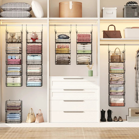 Five Tier Closet Hanging Organizer With Four Sturdy Hooks For Clothes Sweaters Shoes Handbags And Purses Zero Hassle Wire Storage Bins Top Shelf Space Saving Rack System