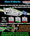 Illustration of Motorcycle Chain Slack Adjuster Tool with real-time tension indicator showing loose, OK, and tight settings.
