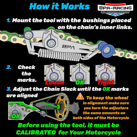 Illustration of Motorcycle Chain Slack Adjuster Tool with real-time tension indicator showing loose, OK, and tight settings.