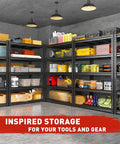 72 Inch High Garage Shelving Unit With 2500 Lbs Total Capacity For Home Garages And Light Commercial Use, Beefy Steel Storage Racks To Stash Tools, Parts, Boxes, Inventory And More in black steel garage with tools and boxes