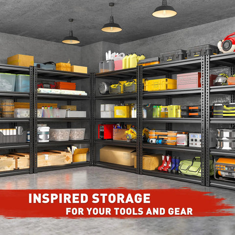 72 Inch High Garage Shelving Unit With 2500 Lbs Total Capacity For Home Garages And Light Commercial Use, Beefy Steel Storage Racks To Stash Tools, Parts, Boxes, Inventory And More in black steel garage with tools and boxes