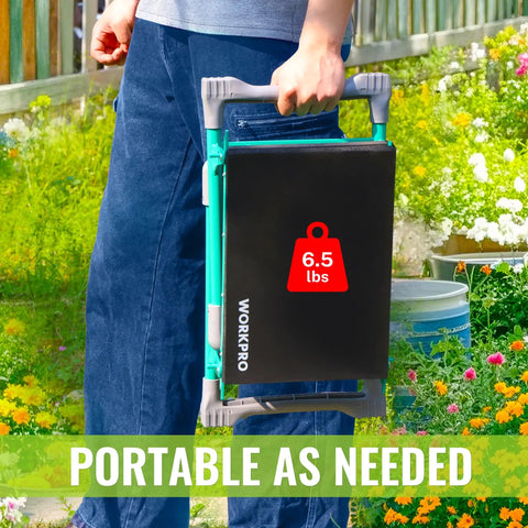 Person carrying a folded Wide 10 Inch Taller Garden Kneeler And Seat Folding Stool with Dual Use Two Tool Pouches in a garden