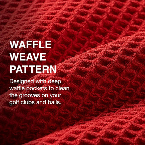 Close-up of red waffle weave pattern on Magnetic Golf Towel Greenside Ultra Absorbent Microfiber With Built In Magnet For Carts And Clubs, 18 By 18, Waffle Weave Pattern, Black, Quick Dry, Go To Gear On The Course.