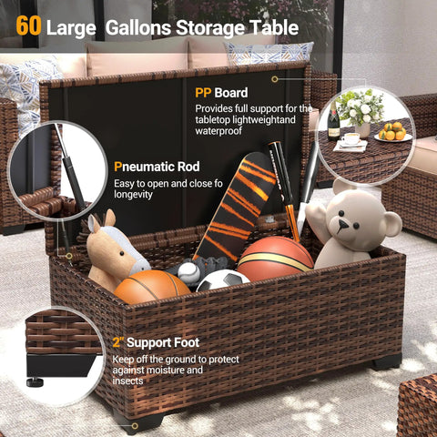Outdoor Storage Table For Patio Coffee Table All Weather Wicker With Waterproof Cover Rattan Furniture filled with toys and garden tools