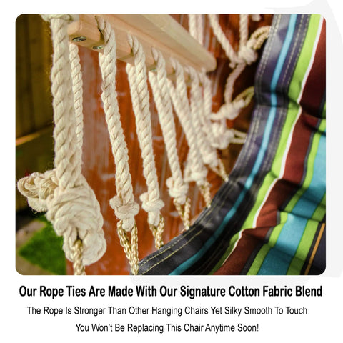 Close-up of tropical stripes hammock chair with rope ties, Armrest Ready Hammock Chair With 12 Pattern Options, Breathable Rope Fabric