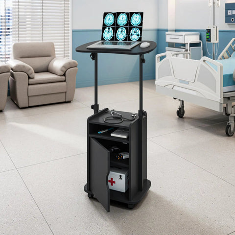 Adjustable Laptop Cart With Storage Rolling Mobile Workstation Desk With Cabinet Shelf And Locking Wheels For Home Office