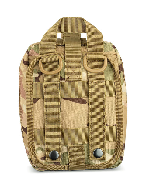 Back view of camouflage Scherber Premium IFAK trauma pouch with MOLLE straps and carry handle