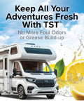 RV with lemon and water splash promoting Gray Water Odor Control For RV And Camper Grease Buster Tank Treatment In Lemon Scent Safe For Septic