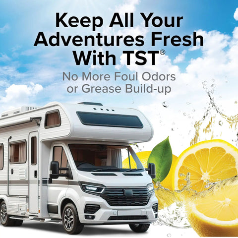 RV with lemon and water splash promoting Gray Water Odor Control For RV And Camper Grease Buster Tank Treatment In Lemon Scent Safe For Septic