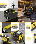 4 In 1 Laser Tape Measure With Level And 197 Ft Laser Distance Meter, 16 Ft Auto Lock Tape, Crosshair Alignment, Electronic Angle Measurement For DIY Projects, Home Renovation And Carpentry on workbench
