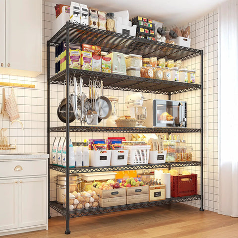 Beefy Heavy Duty Five Tier Metal Storage Shelving Unit 45.5 Inch Wide With Open Sides For Kitchen Garage And Retail Use Large Capacity Stable Steel Construction Easy Assembly Perfect For Tools And Gear, loaded in kitchen