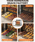 Heavy Duty Commercial Food Dehydrator With Twelve Roomy Trays And Jerky Hooks Made Of Rust Proof 304 Stainless Steel featuring dried fruits, meat jerky, veggie chips and pet treats.