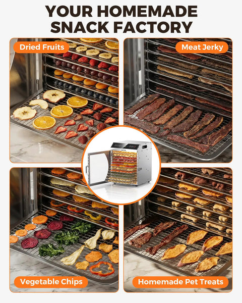 Heavy Duty Commercial Food Dehydrator With Twelve Roomy Trays And Jerky Hooks Made Of Rust Proof 304 Stainless Steel featuring dried fruits, meat jerky, veggie chips and pet treats.