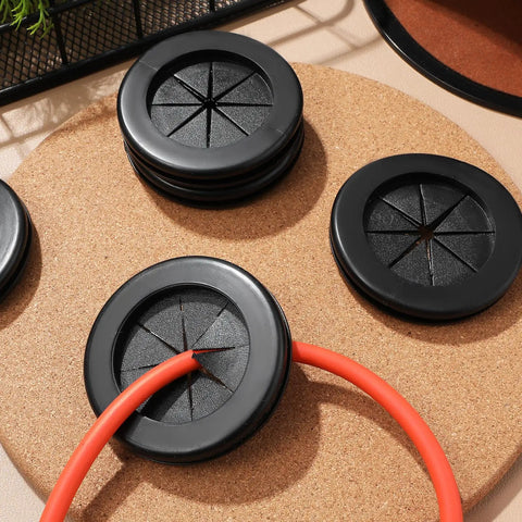 Dual Sided Rubber Cable Grommet Kit for Organized Cable Management and Desk Hole Covers Wear Resistant Black Grommets for Home Office Setup 6 Pack Durable Cable Pass Through Plugs on cork desk