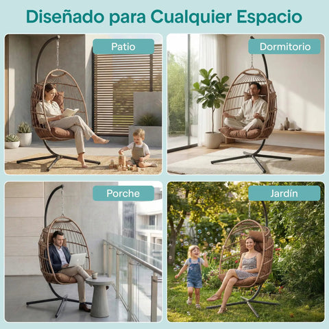 Egg Chair With Stand For Indoor Outdoor Chill Vibe, Hanging Rattan Wicker Swing, 350 lb capacity, used on patio, porch, bedroom, and garden.