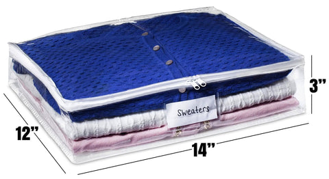 Clear Sweater Storage Bags 2 Pack With Zippered Vinyl Organizers And Label Pockets For Dustproof Clothes Storage Of Sweaters Blankets Linens Underbed And Closet Use, showing a clear vinyl bag with zipper and labeled 'sweaters' holding folded clothes.